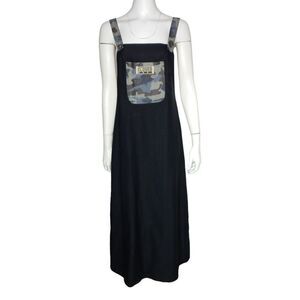 Marithe Francois Girbaud Maxi A-Line Black Overall Dress Patches Size 34 2 XS